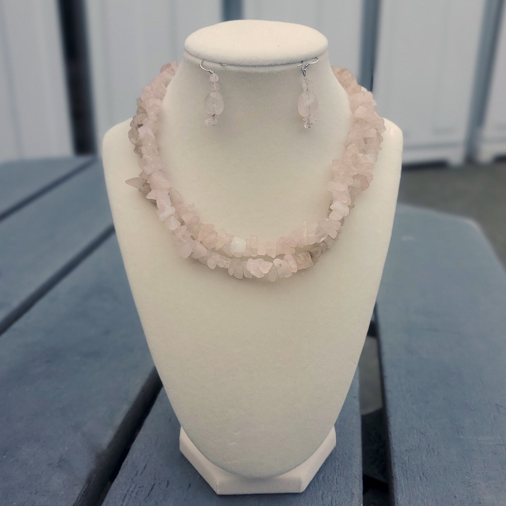 Rose Quartz Chip Necklace and earrings set